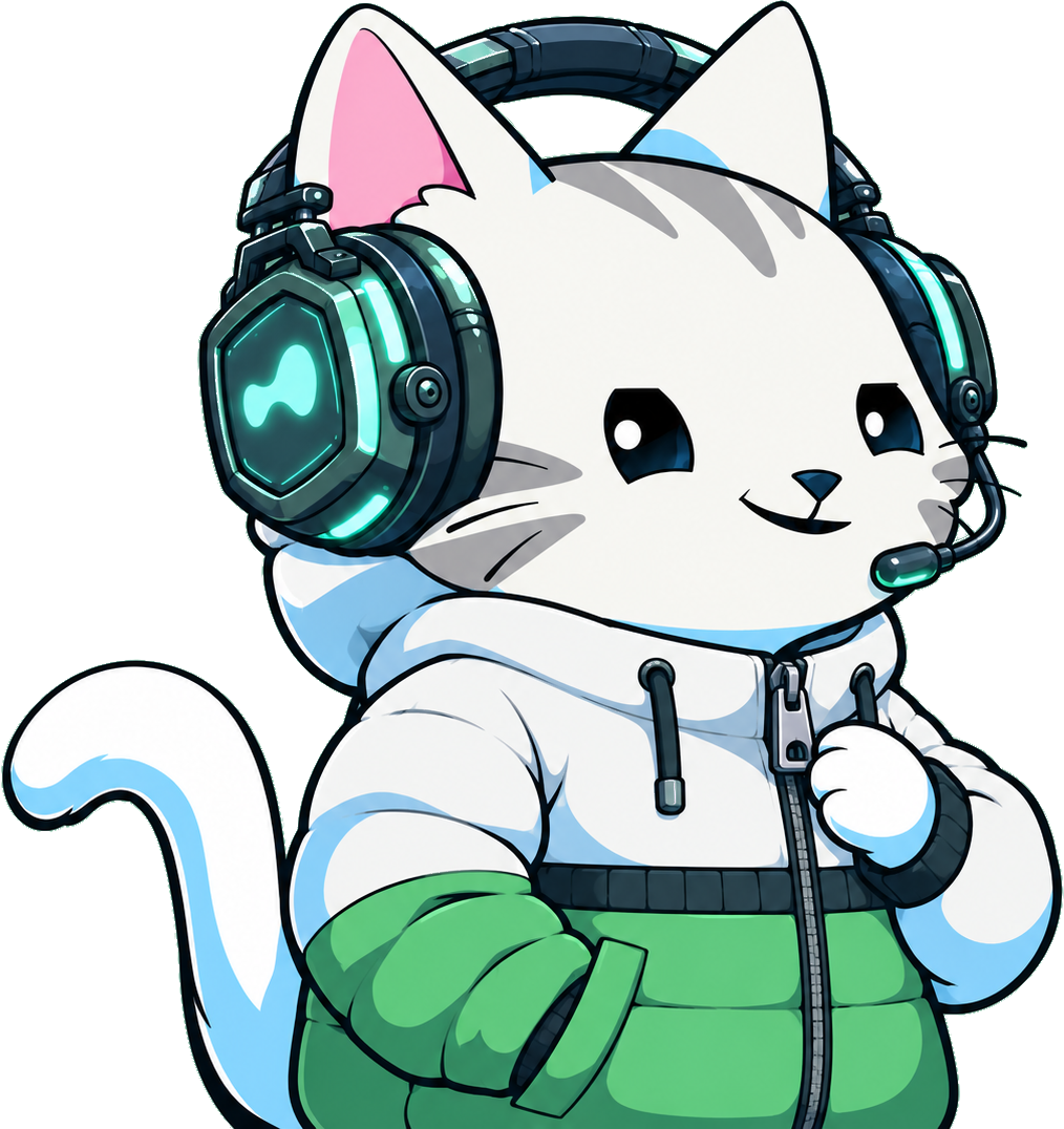 PUMPUR: a white Hypurr cat in a mint headset, wearing a white-and-pump-green puffer jacket